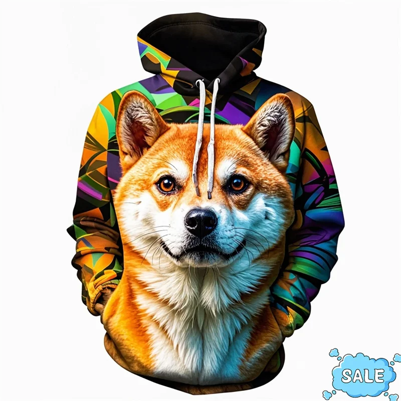 Толстовка мужская с капюшоном свитшот 3D-принтом Сиба-ину Забавный пуловер осень
