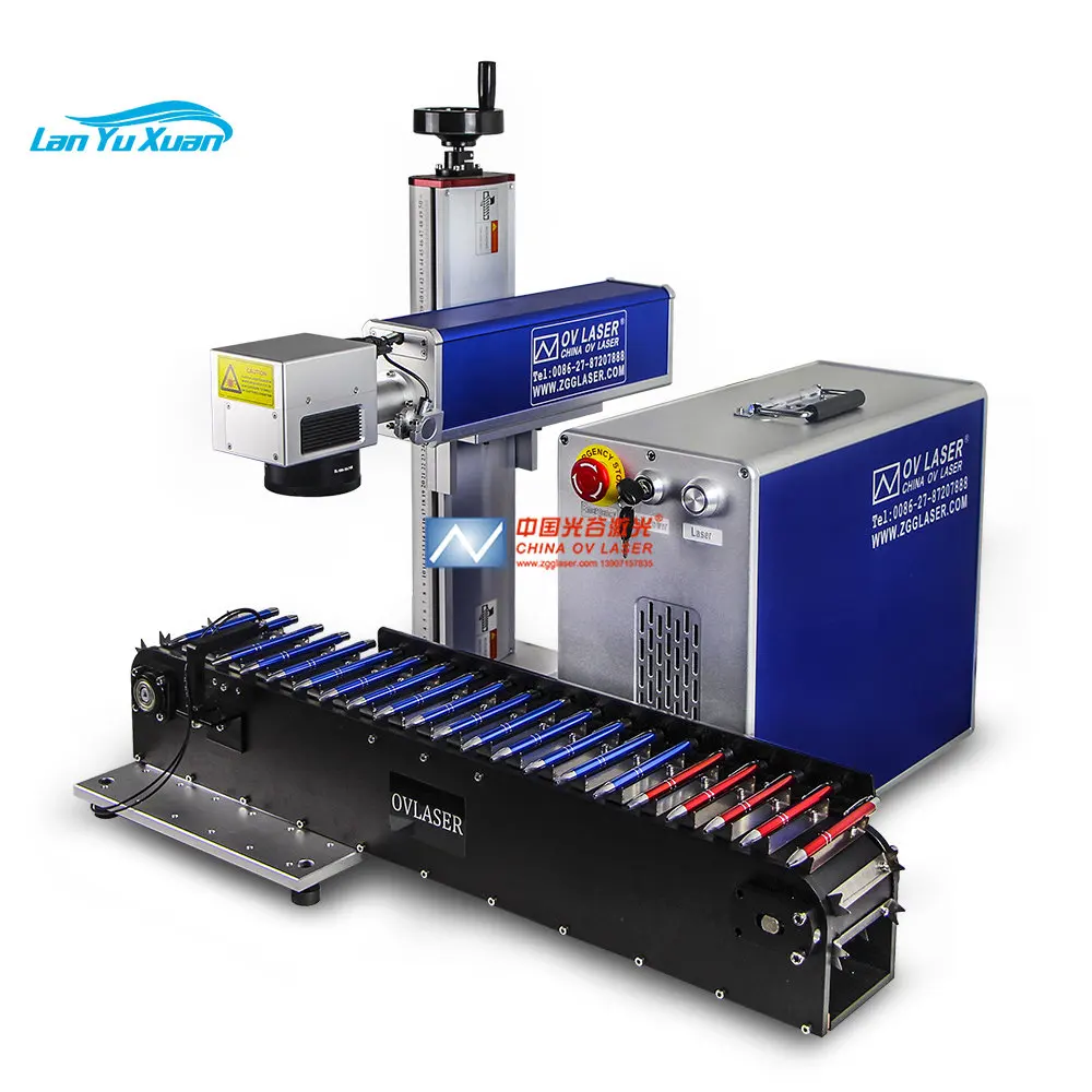 

20w 50w Fiber laser marking machine for steel pen laser 30w metal engraving machinery with customized pen conveyor belt for sale