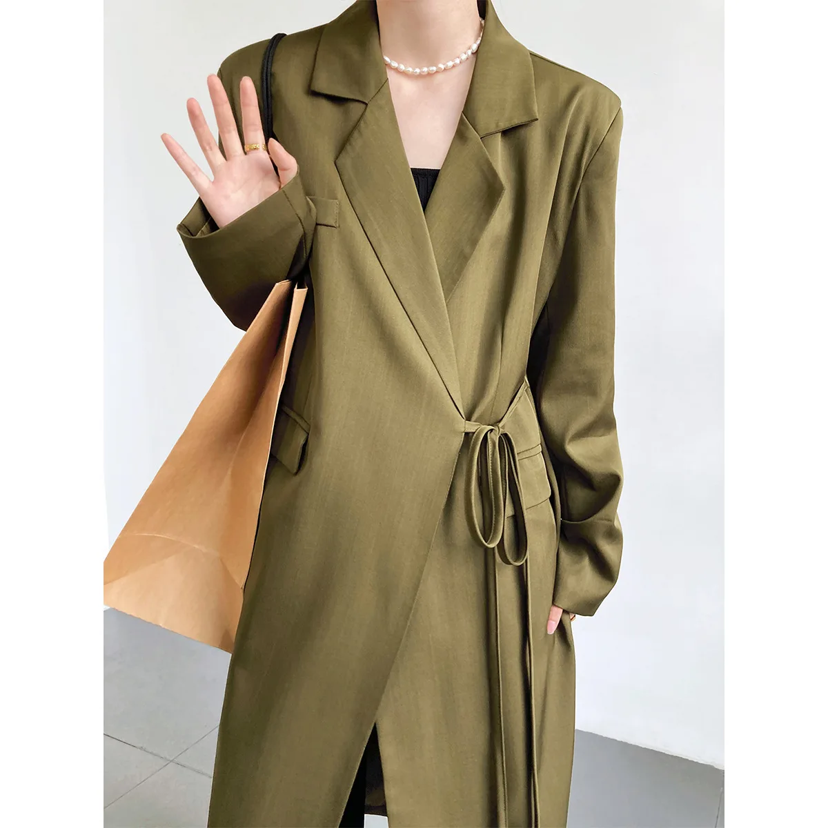 Oversize Medium length Suit Coat Women's Casual High grade Oblique Lace up Coat