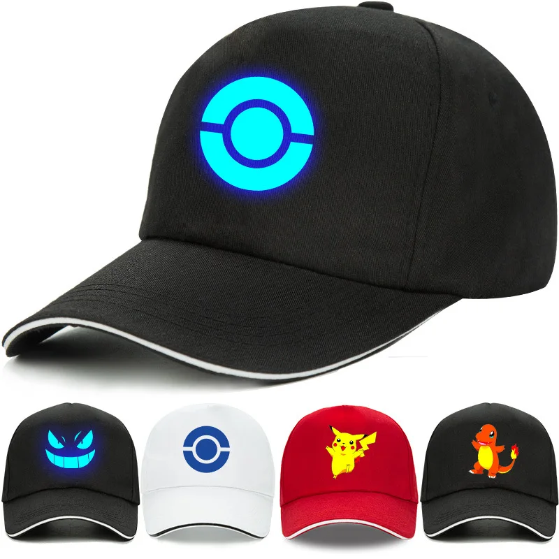 

Pokemon Cartoon Baseball Caps Anime Figures Pikachu Charmander Kids Luminous Caps Summer Sunscreen Sun Hats for Men and Women