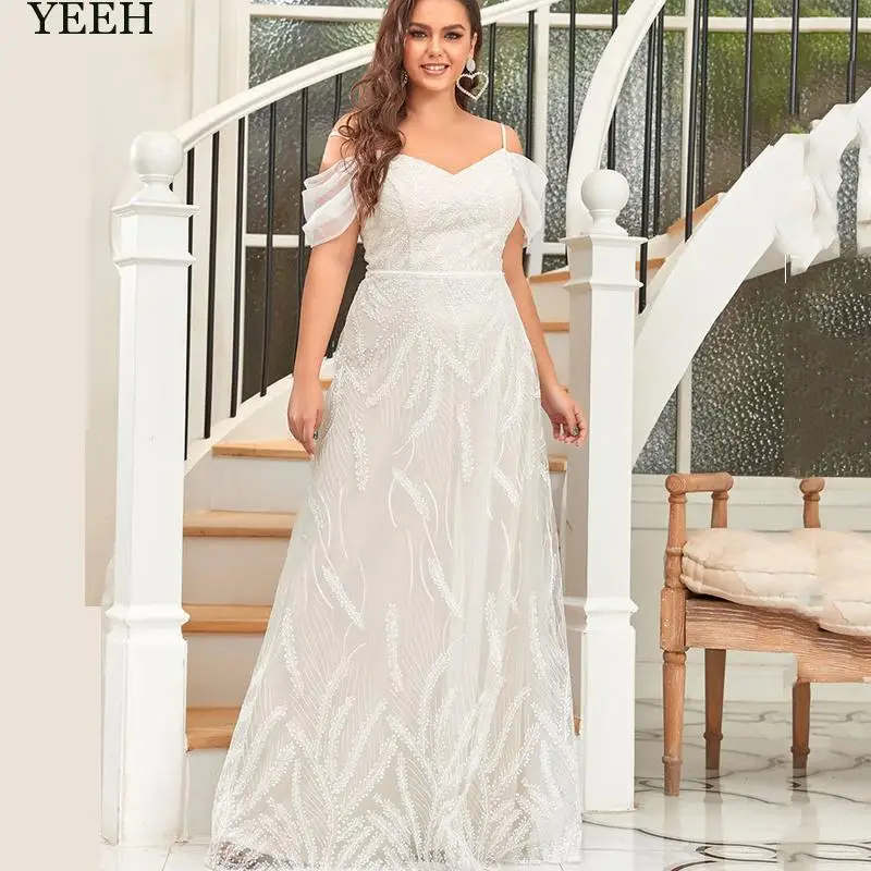 

YEEH Lace Plus Size Wedding Dress For Bride Simple V-Neck Spaghetti Strap Robe Mariee Elegant A-line Puff SleeveVestido De Novia