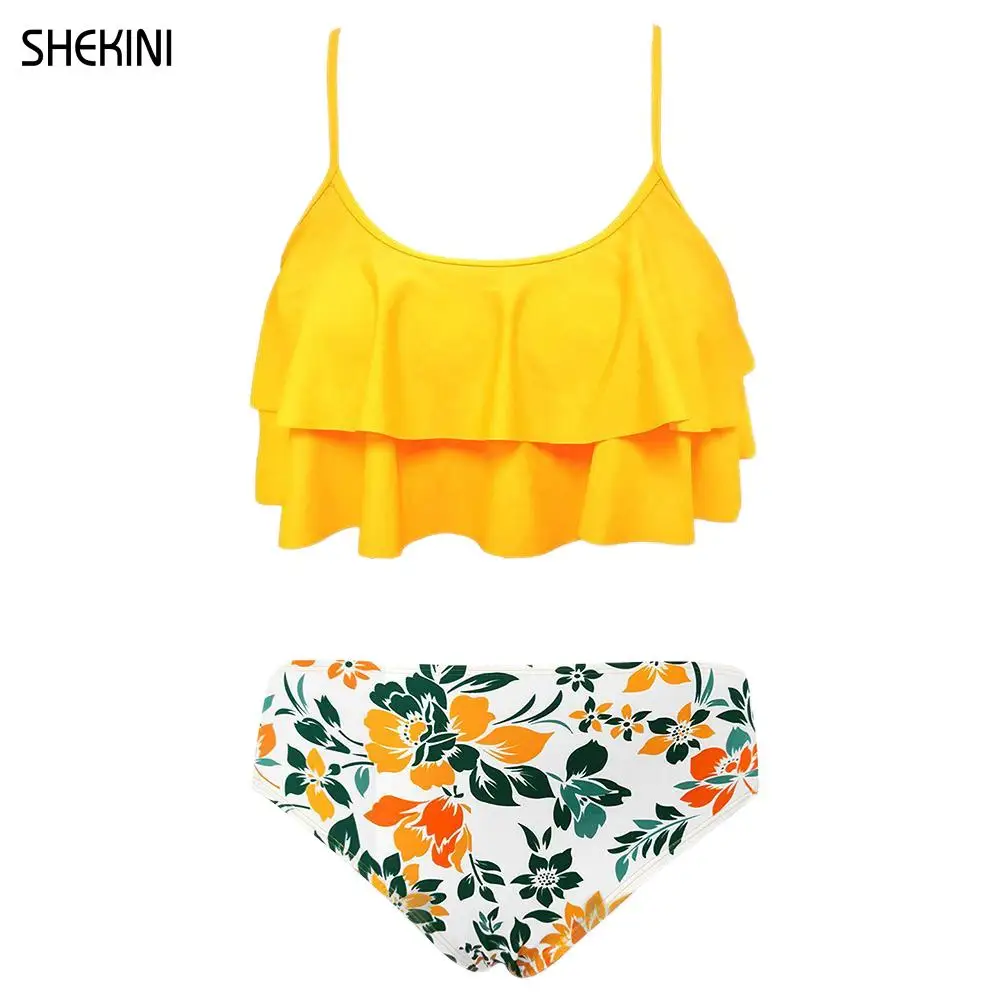 

SHEKINI Girls Floral Printing Bathing Suits Ruffle Flounce Two Piece Swimsuits Kid Bikini Cute Children Beachwear Teen Swimwear