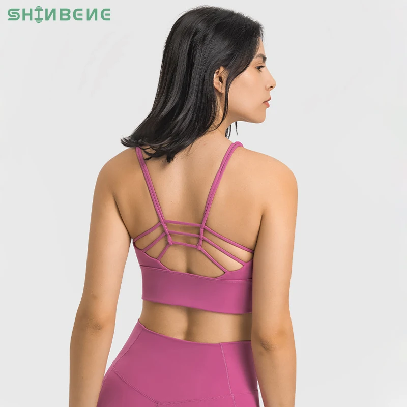 SHINBENE Sexy Double Strap Fitness Yoga Longline Bras Women Wireless Push Up Strappy Gym Workout Sports Bras Plus Size Bralette
