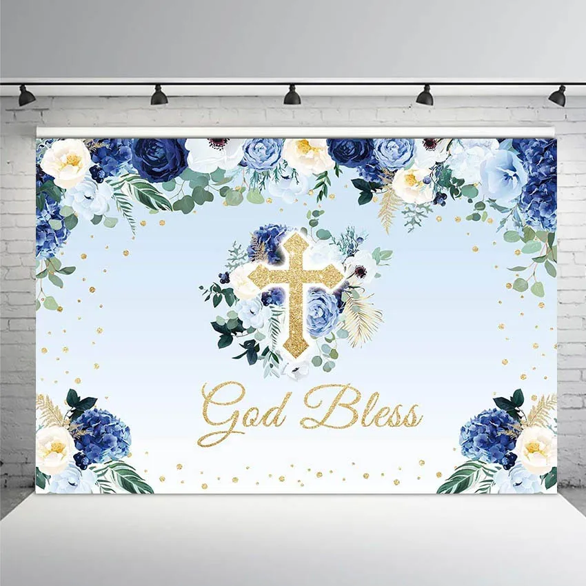 Fondo de fiesta de bautismo, primera comunión, cartel de bautizo, decoración, flor azul, niño, Baby Shower