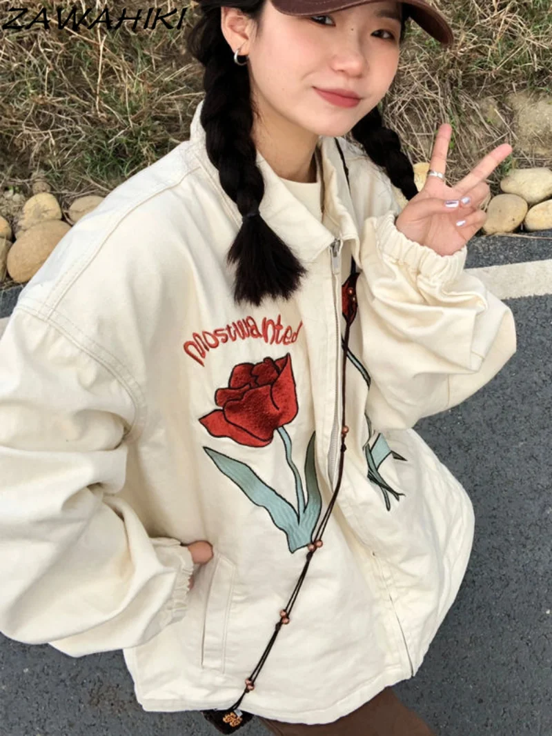 

Vintage Flower Embroidery Jackets Women Baseball Coat Zip-Up Autumn Turndown Collar Outerwear Activewear Harajuku Jacket