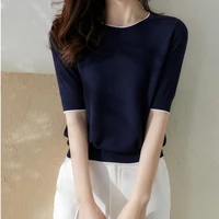 2022 spring and summer new knitted mid sleeve top loose ice silk round neck t shirt womens solid color tide womens clothes