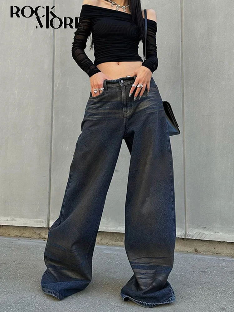 

Rockmore Vintage Silver Coating Women'S Jeans Streetwear Fashion Distressed Baggy Denim Pants y2k Wide Leg Trousers 90s Grunge