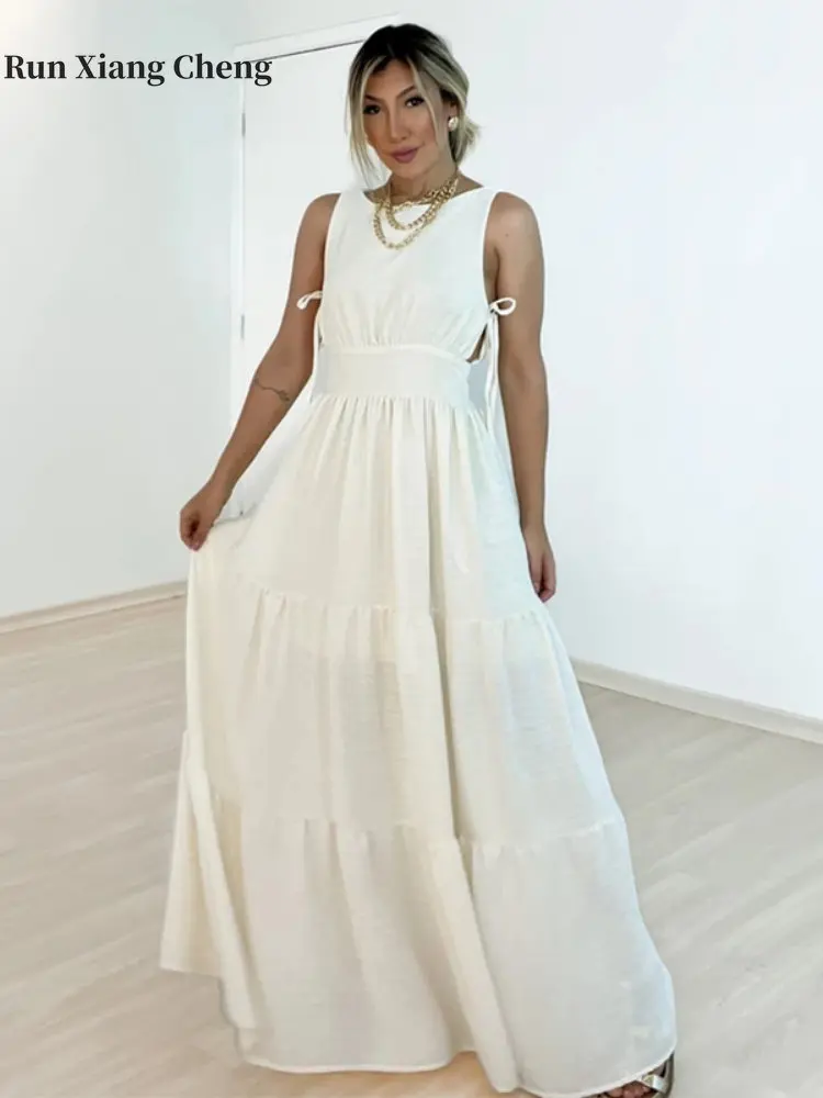 

Women's Dress 2023 Summer New Sweet Chic and Elegant Solid Party High Waist Pretty Sleeveless Oversized White Swing Long Dress