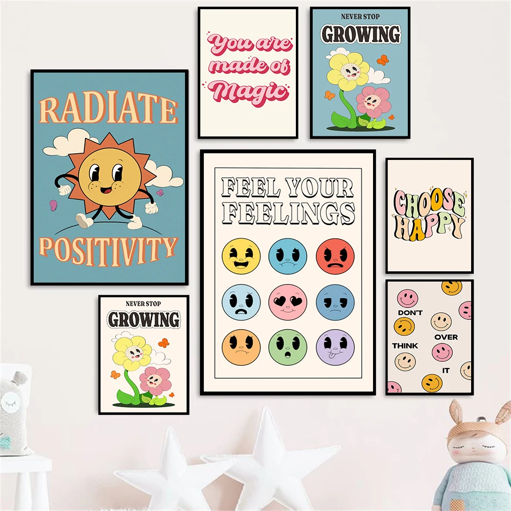 

Retro Quote Wall Print Affirmation Choose Happy Canvas Poster Boho Flower Groovy Cute Aesthetic Room Decor Painting Pictures