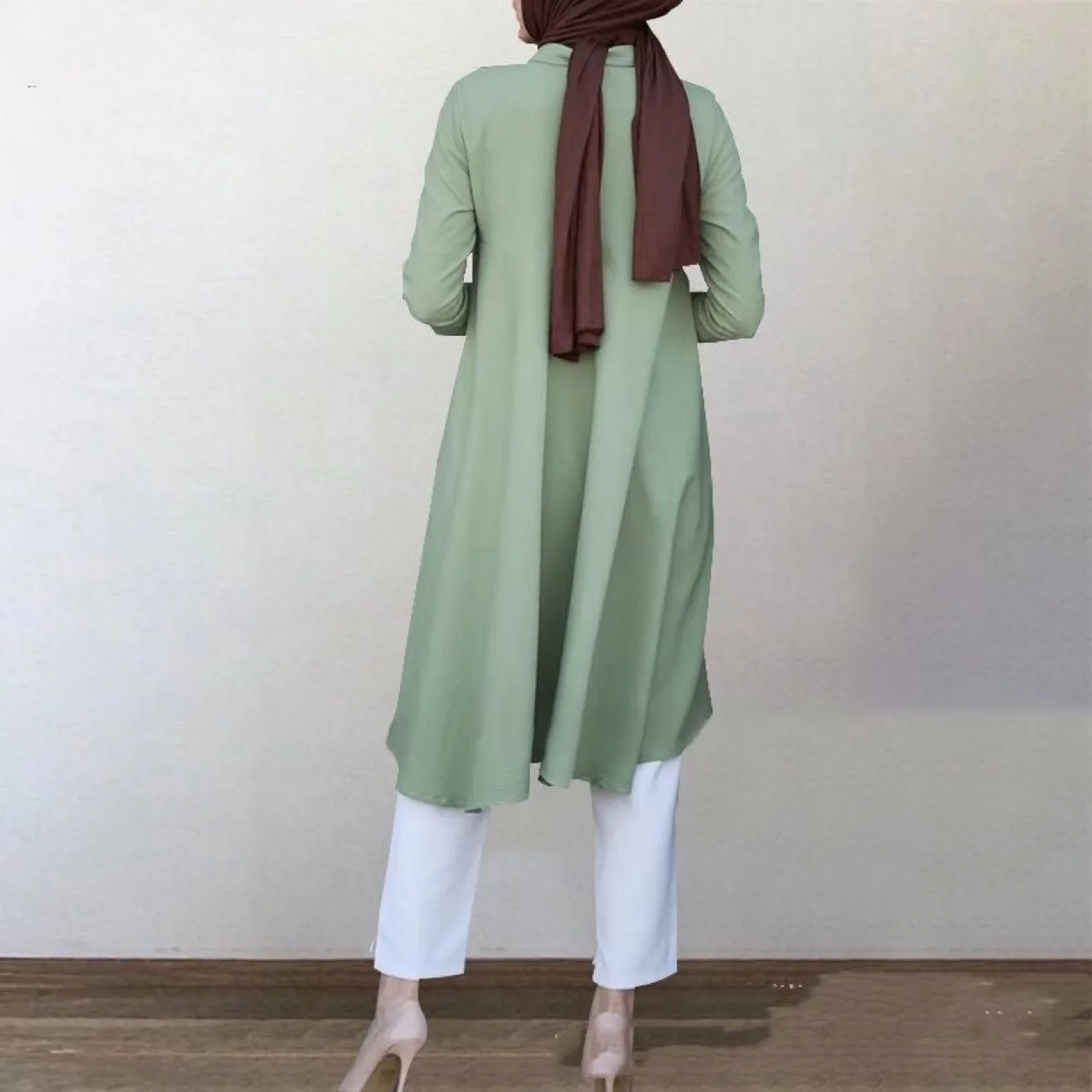 Women's Solid Blouse Muslim Fashion Long Sleeves Shirt Collar Single-Breasted Tops Middle East Islam Malaysia Lady Casual Blusas