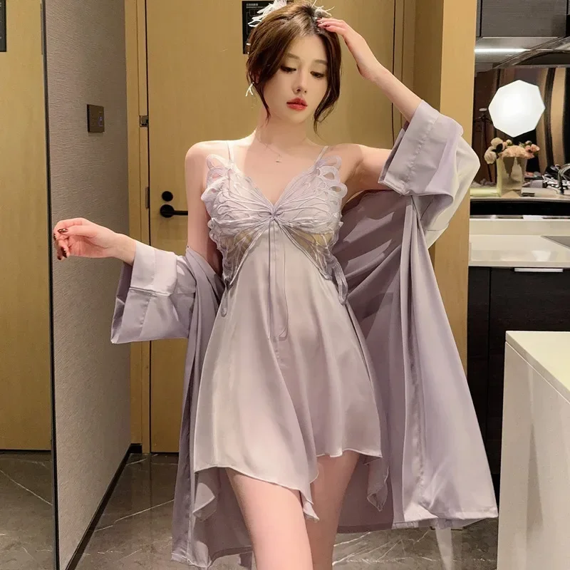 Халат женский из 2 предметов белый шелковый халат домашняя одежда кружевное