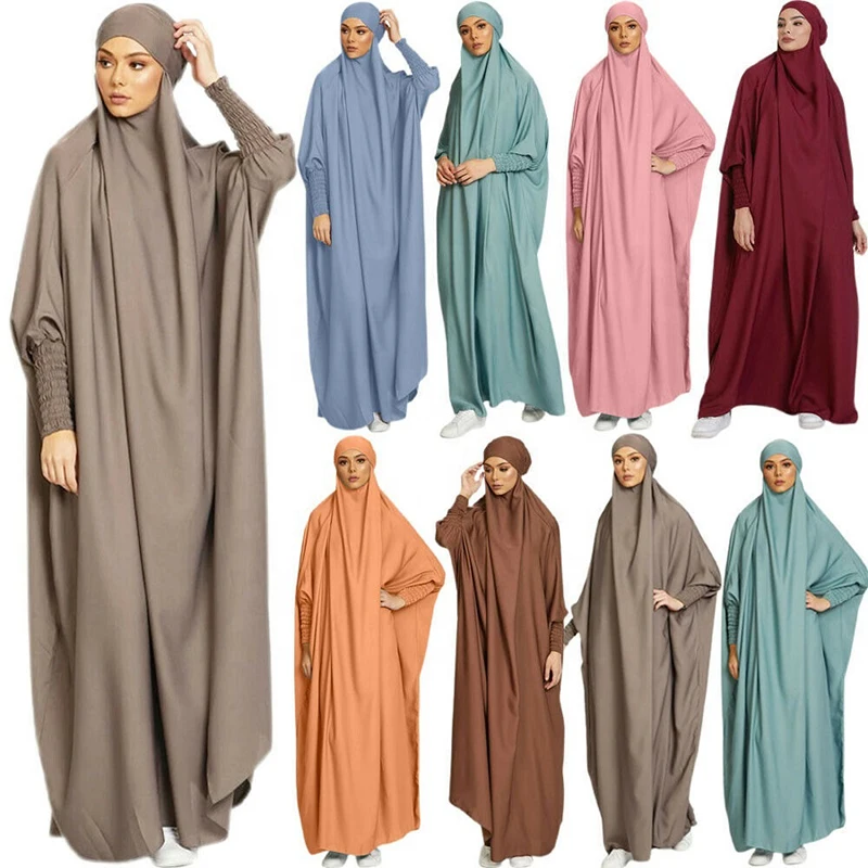 Jilbab One Piece Satin High Quality Muslim Ramadan EID Women Elastic Wrist Sleeve Prayer Abaya Islamic Clothing