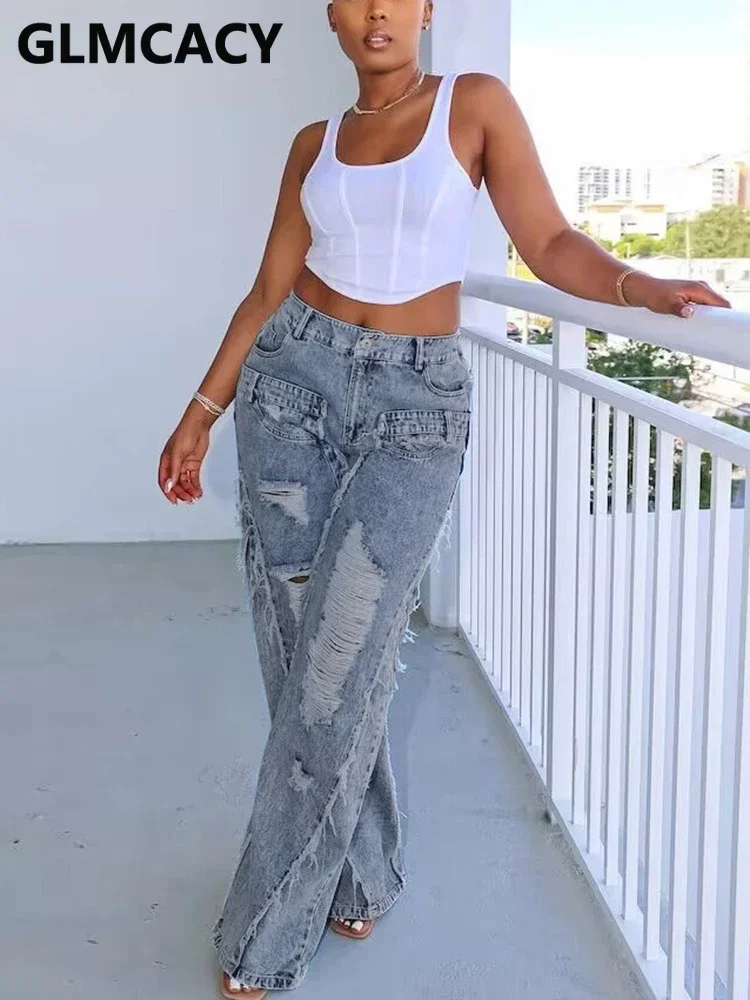 

Женские рваные джинсовые брюки с высокой талией