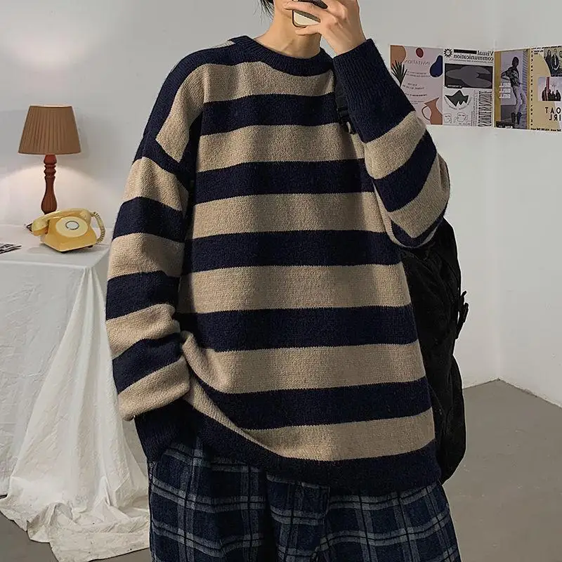 DIMI Winter New Woman Casual Pullovers Korean Streetwear Male Fashion Warm Clothing Men's Loose Stripe Sweaters