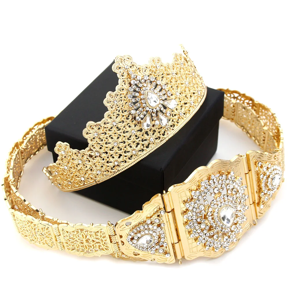 

Sunspicems Golden Algeria Morocco Bride Wedding Jewelry Women Crown Belt Waist Body Chain Sets Arab Rhinestone Caftan Bijoux