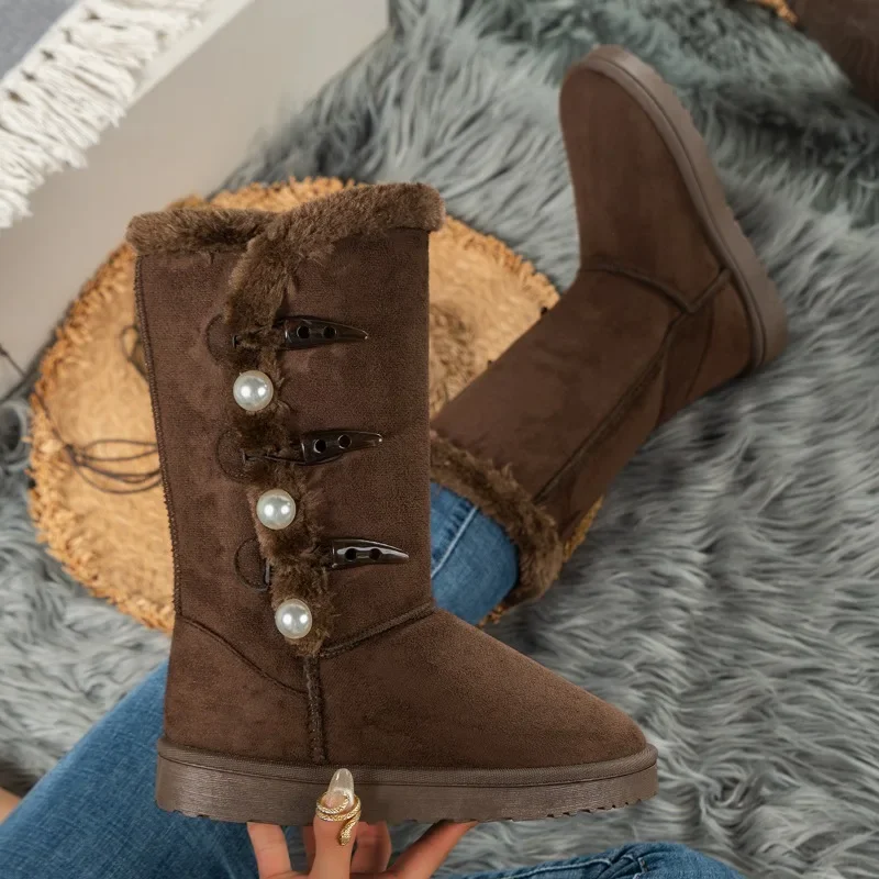 

Женская обувь 2023, женские ботинки до середины икры, теплые зимние ботинки, женские ботинки с жемчужными пуговицами, круглым носком, без застежек, на плоской подошве, женская обувь