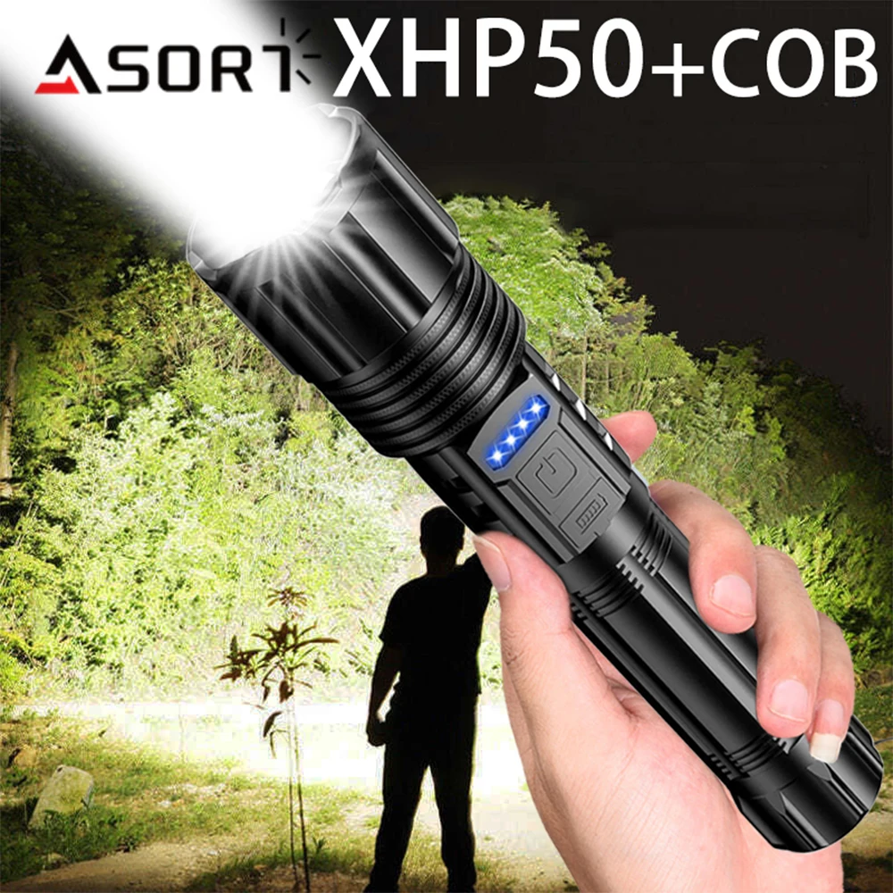 High Power LED Flashlight With COB Light USB Rechargeable Torch Zoom Lantern Use 18650 Battery Tactical Lamp Camping Outdoor