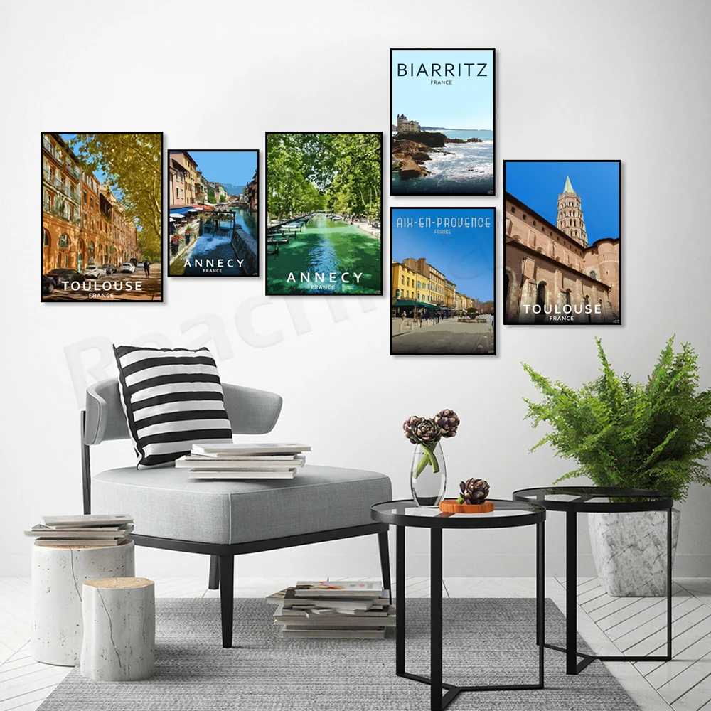 Постер для путешествий с изображением экс-ан-Прованса, байонны, замка Биаррица, Тулузы, Анси, реки Анси, валенсовы, гордеса, руссилькона