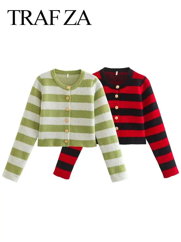 

Женский трикотажный кардиган в полоску, с длинным рукавом и круглым вырезом