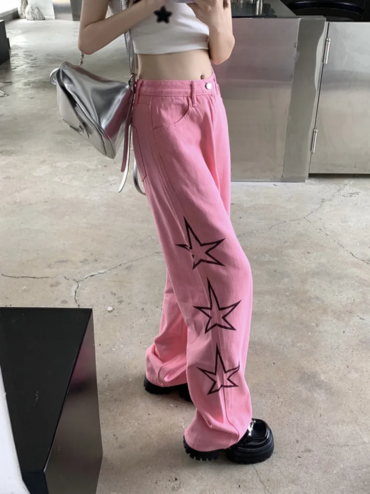 American Vintage Loose Straight Embroidered Jeans For Women High Waist Pink Cowboy Full Length Casual Wide Leg Pants 2023 New