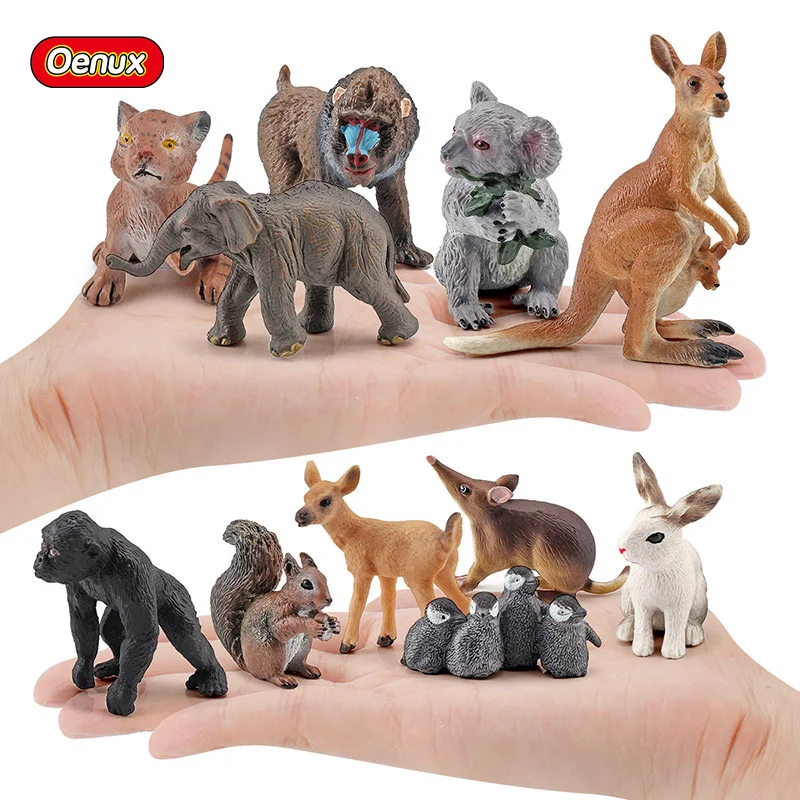 

Oenux Small Figurines Wild Animals Lion Monkey Kangaroo Deer Model Action Figure Miniature Collection Cake Toppers Toy Kids Gift