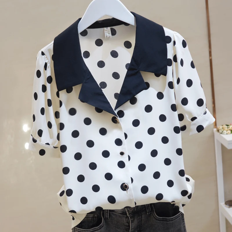 

Элегантный винтажный офисный топ с коротким рукавом, Женская Осенняя Повседневная Блузка в горошек для женщин, модные шифоновые рубашки, женские JNF46