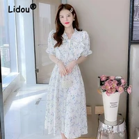 bow tie blue flowers korean style dress spring summer casual dress side of fungus short sleeve dress for female fashion clothing