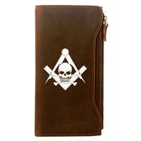 vintage freemason skull printing genuine leather wallet men long purse with phone bag zipper card holder clutch