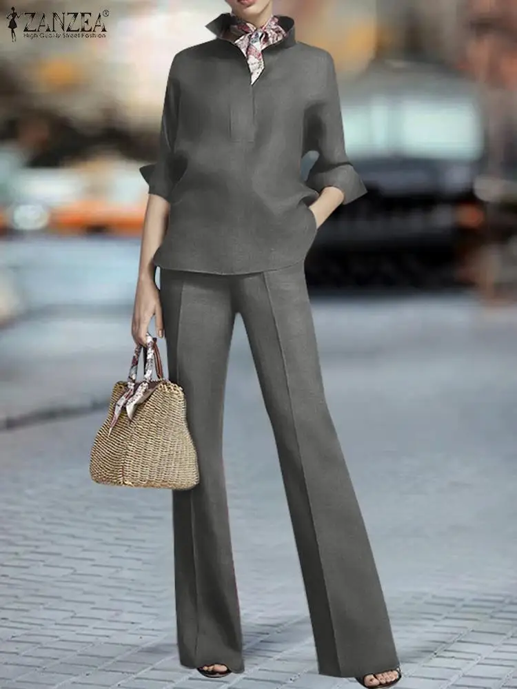 

ZANZEA Commuting Side Zipper Pantsuits Solid Color Casual Office Tops and Pants 2pcs Outfits Women Loose Lapel Blouses Pant Sets