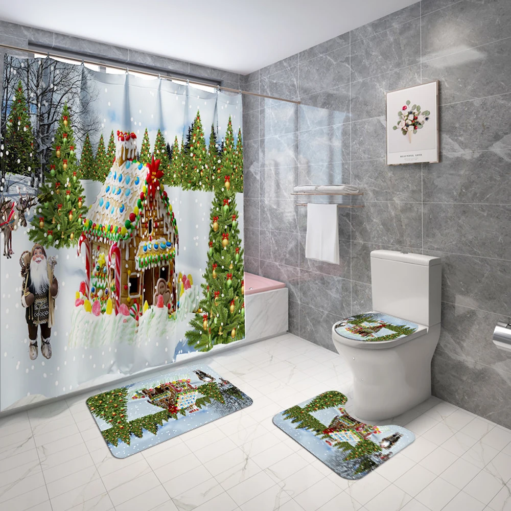 

Reindeer Christmas Shower Curtain Set Non-Slip Rugs Toilet Cover Bath Mat Winter Santa Claus Tree Xmas Bathroom Bath Curtains