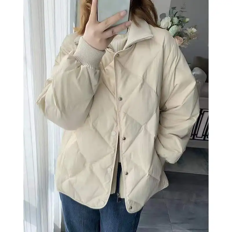 2023 New Autumn Winter Women Zipper Jackets Casual Stand Collar Thick Warm White Duck Coat Female Outwear Down Buttons M32