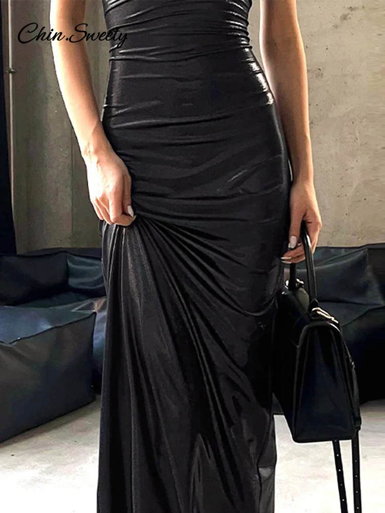 Сексуальное кожаное платье макси женское без рукавов с квадратным воротником и