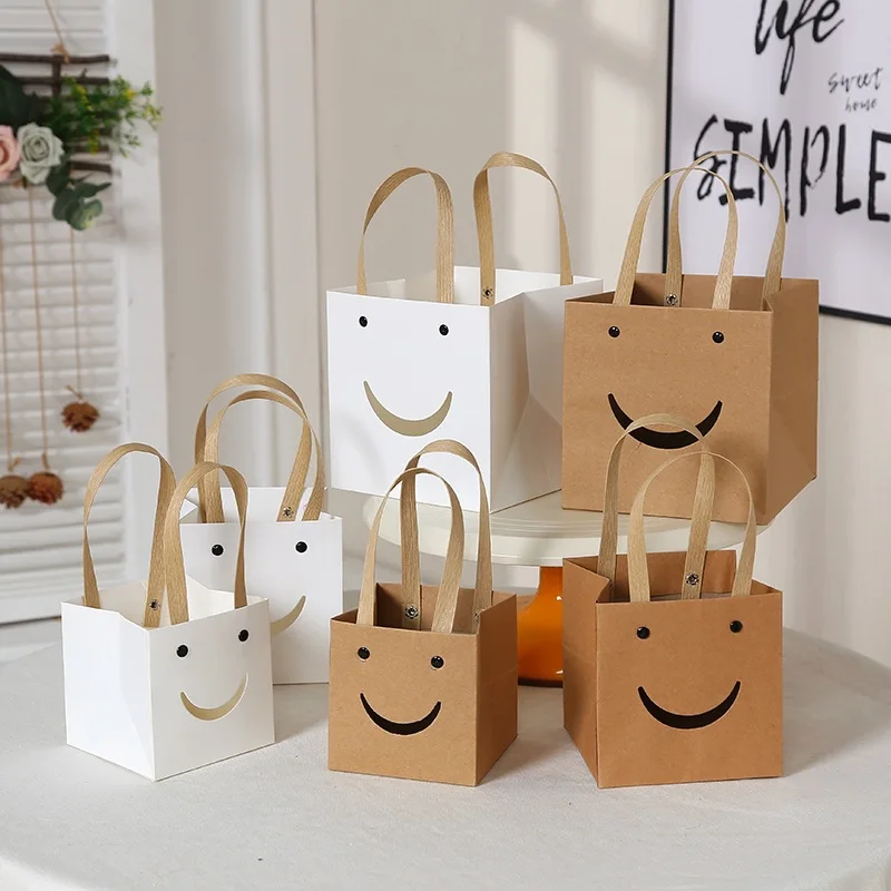 

24pcs Vision Window Flower Handbag Solid Color Kraft Bag Holiday Gift Wrap Smiley Baking Bags Portable Cake Square Bottom Bags