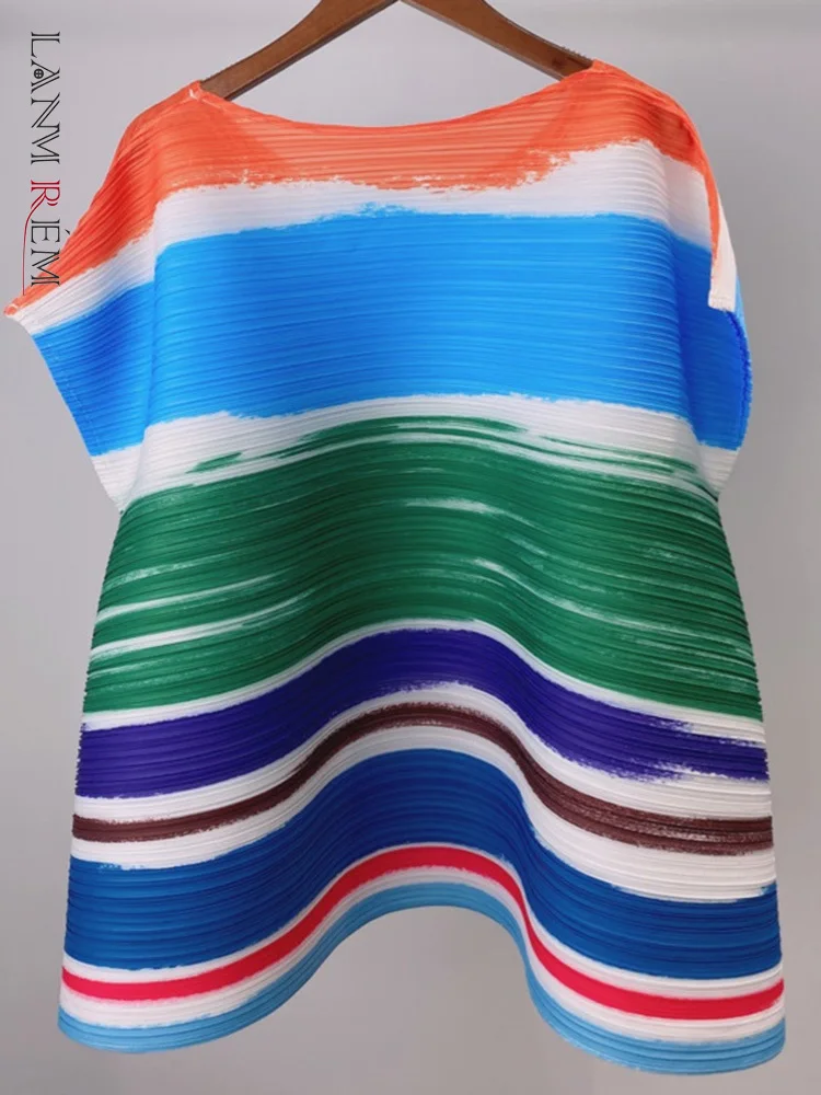 

LANMREM Women New Pleated Print Striped T-shirt Round Neck Short Sleeve Color Block Loose Fit Fashion Tide Summer 2022 2H172