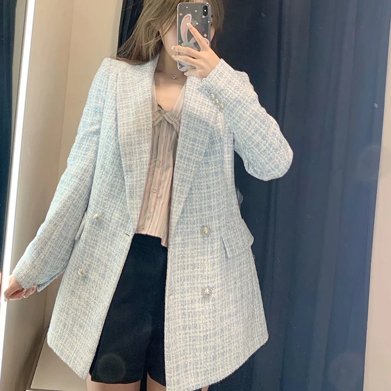 

2023 Women Suit Jacket Tweed Blazer Women Jacket Femme Plaszcz Wiosenny Damski Sobrecamisa Cuadros Plaid Checkered Blazer