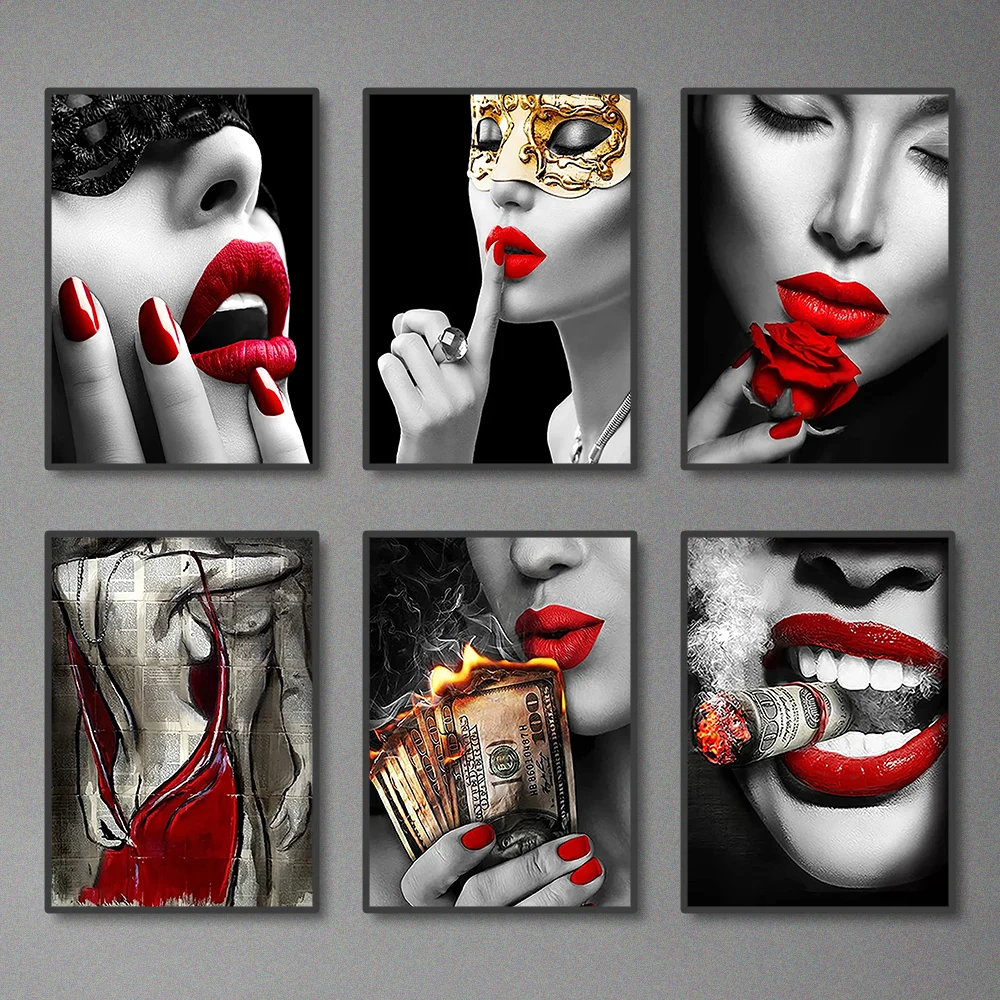 Современный стиль красные губы и пламя абстрактная картина на холсте