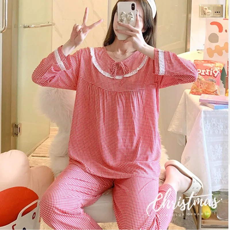 Spring Autumn Ladies Long Sleeves Nightdress Cotton Silk Trousers Sleepwear Lace Women Lounge Pajamas Set Pullover