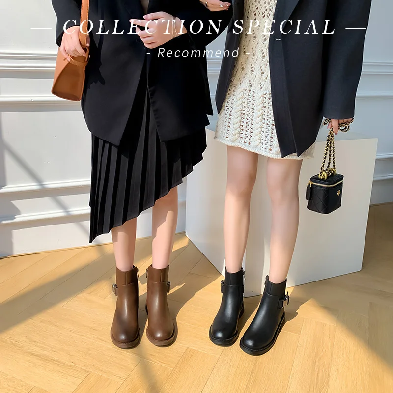 

NewCurve Antumn & Winter Martin Boots Cow Leather Round Toe Thick Sole Zipper Concise Ladies Working Casual Ankle Boots