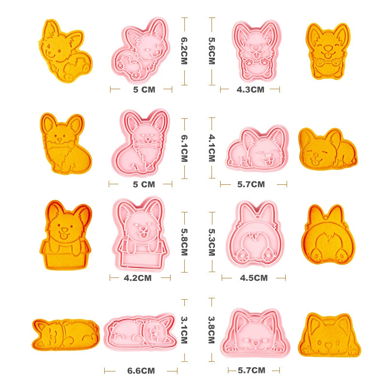 8Pcs/set Cute Corgi Dog Cookie Cutter Mold Plastic 3D Cartoon Pressable Biscuit Stamp Kitchen Baking Pastry Tools |