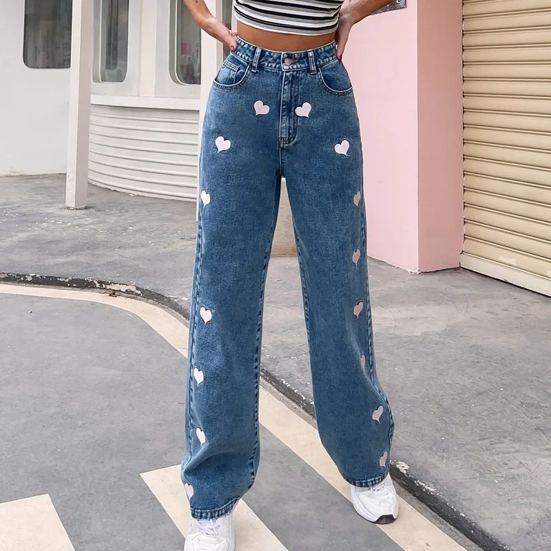 

Women's High Waist Loose Solid Color Love Print Denim Pants 2021 Casual Fashion Design Comfortable Streetwear Pop Jeans Female