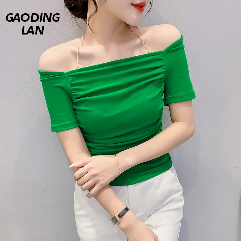 

Летние женские футболки до ключиц с вырезом-лодочкой, с коротким рукавом, однотонные облегающие сексуальные топы, большие размеры, женские ...