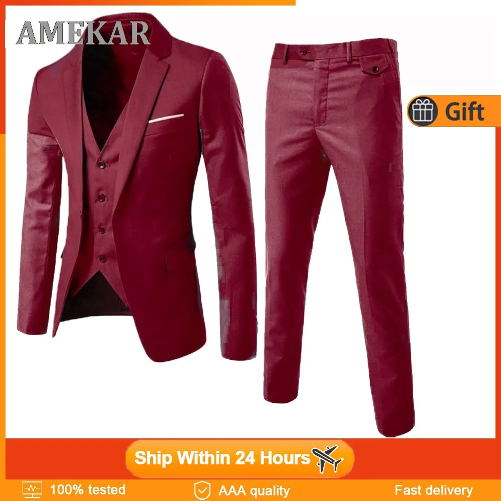 

Three Piece Male Formal Wedding Dress Suits 2022 Men 's Fashion Plaid Business Suit ( Jacket + Vest + Pants ) Oversized Blazers
