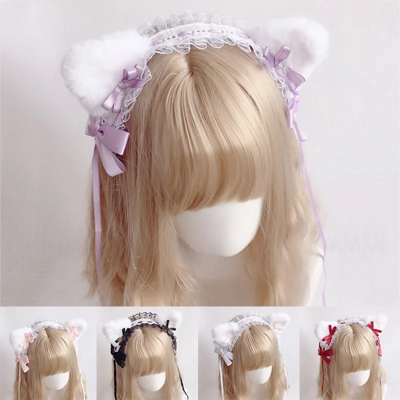 

Lovely Sweet Cat Ear Hair Hoop Anime Maid Cosplay Headband Lolita Lace Flower Headwear Hair Accessory Hand made For Girls Gift