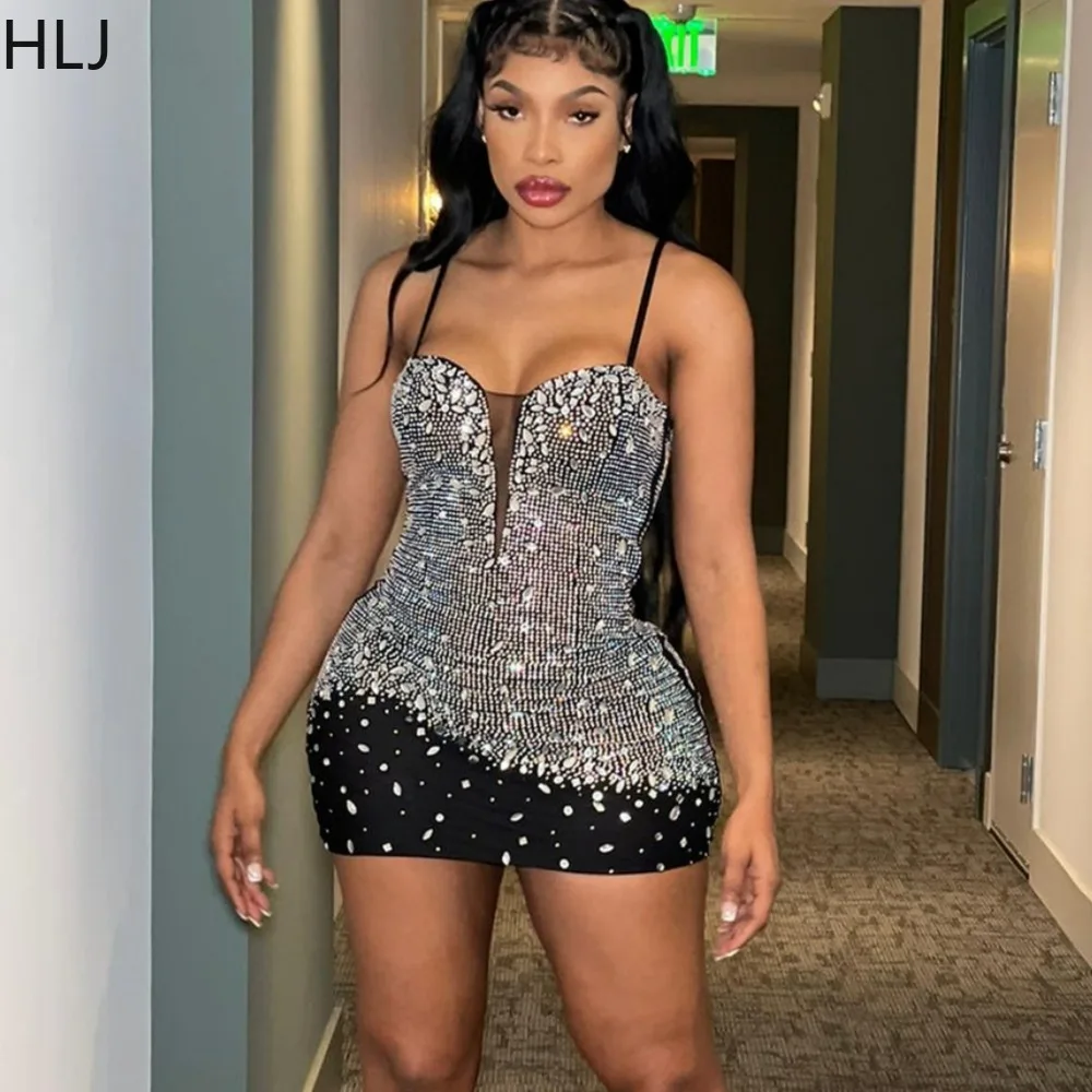 

HLJ Luxury Diamonds Rhinestone Black Woman Evening Party Dress Gorgeous Spaghetti Strap Bodycon Dress Mini Club Birthday Vestido