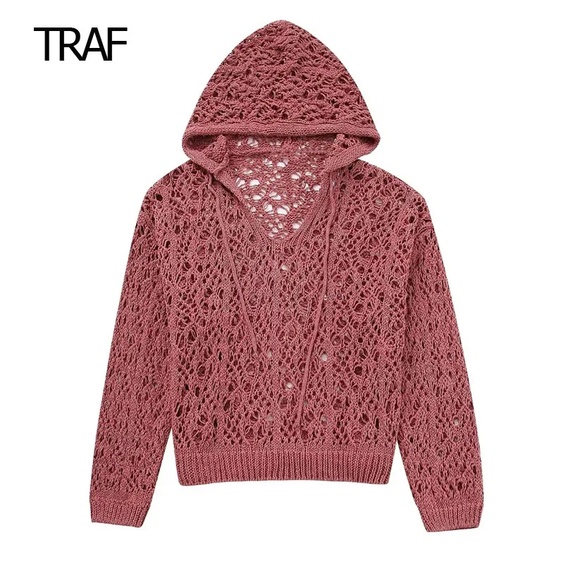 

TRAF Sweaters For Women 2023 Knitted Red Sweater V-Neck Long Sleeve Tied Belt Cutwork Sweater With Hat Fashion Sweater Mark