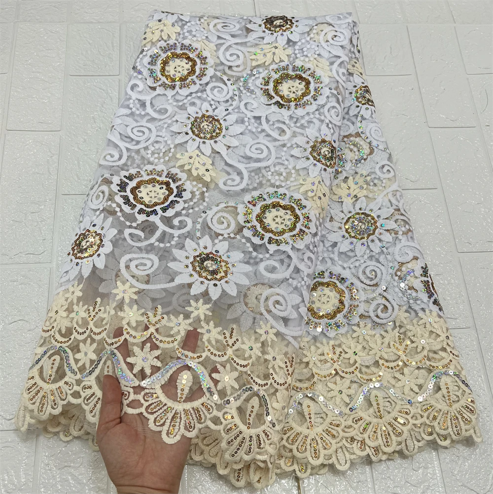 

2022High Quality African Nigerian Tulle Lace FabricFor Sewing Embroidery Milk Silk Voile Cord French Dress Prom Party Gown 5Yard