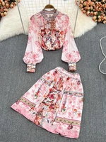 2022 runway 2 piece set womens long lantern sleeve single breasted floral print chiffon tops and high waist pleated skirt suit