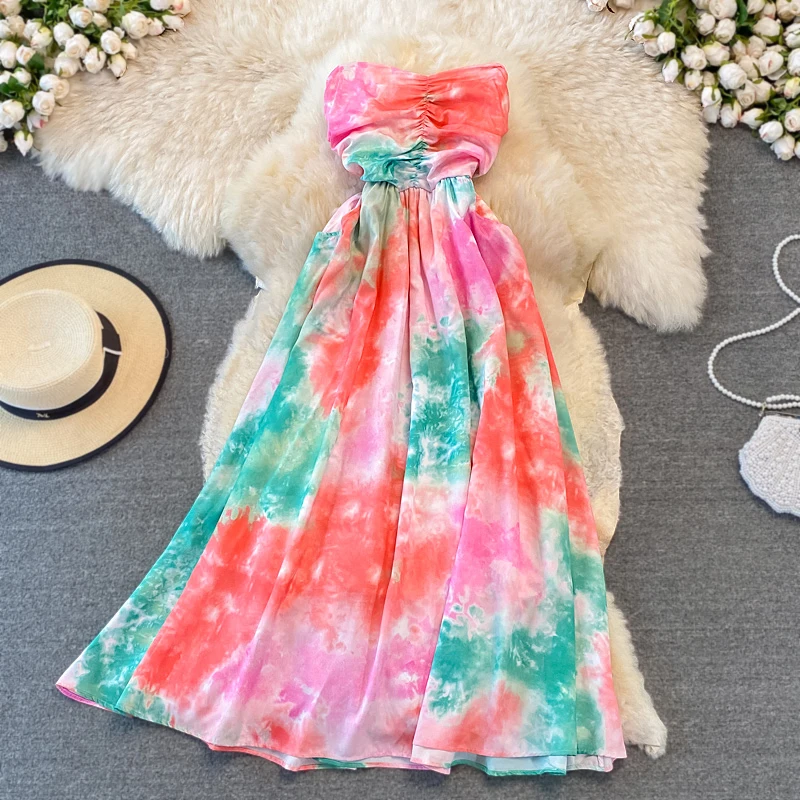 

Pocket High Waist Slim Tie-dye Print Dress Bohemian Off-the-shoulder Tube Top Swing Dress Long Dress