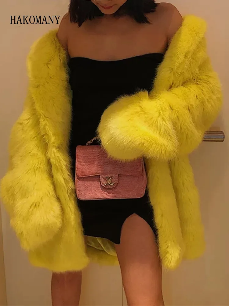 

2022 Women Furry Fur Jacket Keep Warm Outerwear Winter Yellow Turn down Collar Lapel Hairy Shaggy Soft Fox Faux Fur Coat