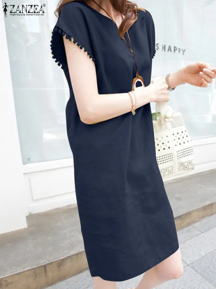 

Хлопковый сарафан ZANZEA с круглым вырезом без рукавов до колена, летнее женское однотонное платье, женские повседневные Элегантные платья, оф...